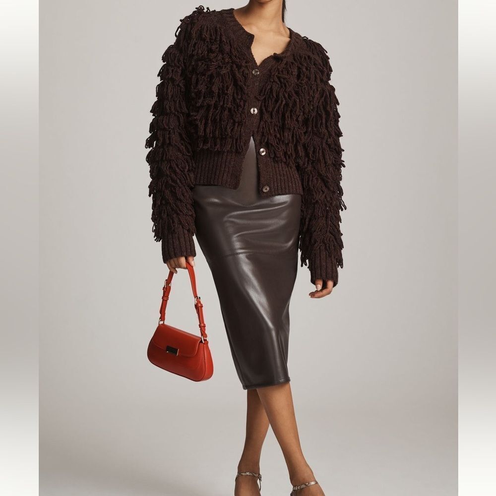 NWOT Anthropologie Loopy Fringe Cardigan Sweater in Brown